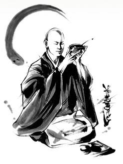Monk holding up oryoki bowl