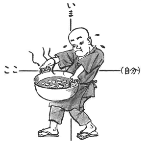 Drawing of monk carrying large cauldron of hot soup