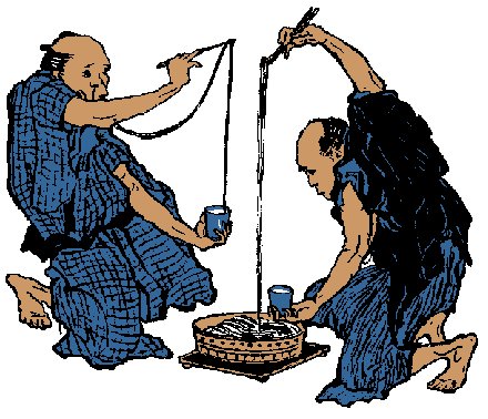 Drawing of two person eating soba